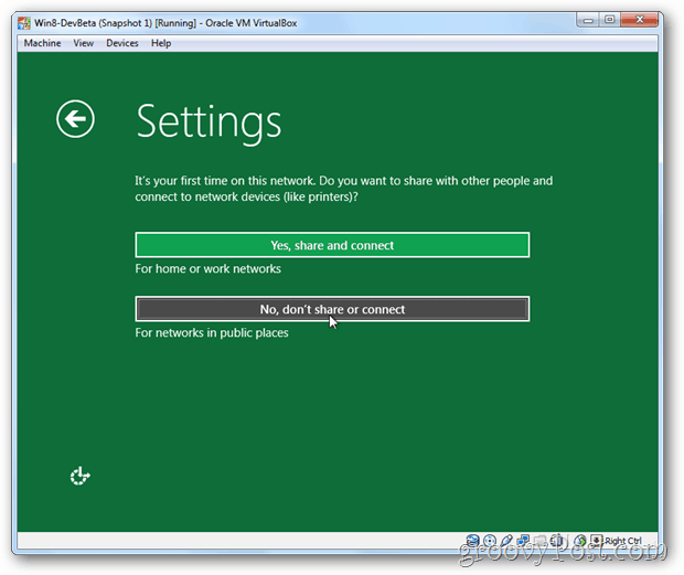 VirtualBox Windows 8 instalēšanas iestatīšanas koplietot vai nedalīties iestatīšanas?