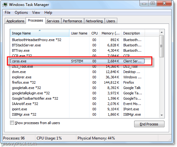 csrss.exe, kā redzams Windows 7 uzdevumu pārvaldniekā