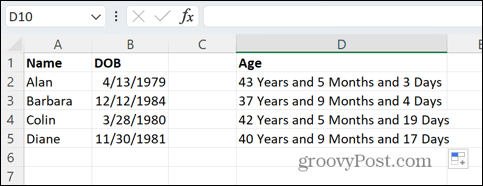 Excel vecums gados mēnešos un dienās