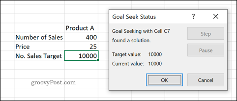 Mērķa meklēšanas rīka priekšskatījums programmā Excel