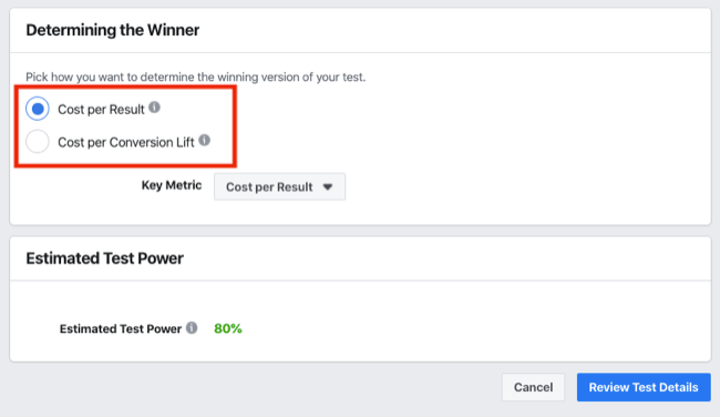 A / B testa sadaļas Uzvarētājs noteikšana Facebook eksperimentiem