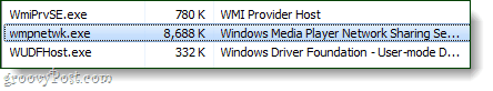 Windows Media Player tīkla koplietošanas pakalpojums uzdevumu pārvaldniekā