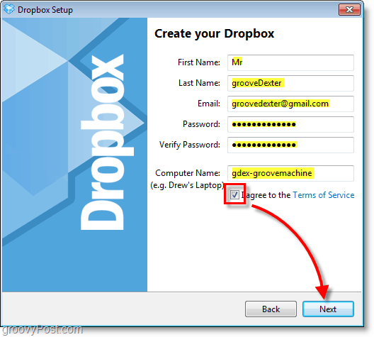 Dropbox ekrānuzņēmums - ievadiet sava konta informāciju