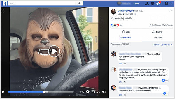 Kendisa Peina tiešraidē Facebook devās ar Chewbacca masku no Kolas autostāvvietas. Laikā, kad tika uzņemts šis ekrānuzņēmums, viņas videoklipam bija 3,4 miljoni kopīgošanas reižu un 174 miljoni skatījumu.