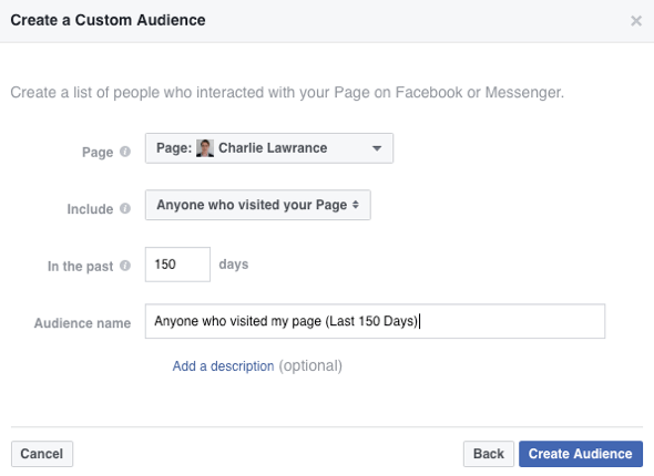 Lai izveidotu savu Facebook pielāgoto auditoriju, nolaižamajā sarakstā Iekļaut atlasiet Ikviens, kurš apmeklēja jūsu lapu.