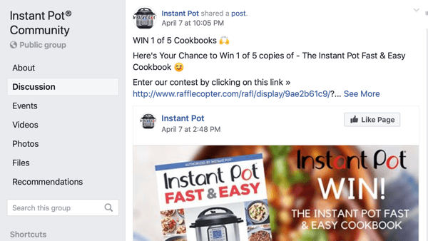 Kā izmantot Facebook grupas funkcijas, lapas ziņu piemērs grupā Instant Pot Community