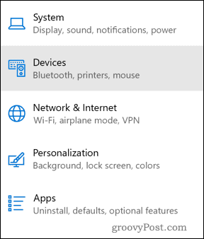 Windows ierīču iestatījumu izvēlne
