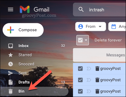 Atveriet Gmail mapi Trash (Bin).