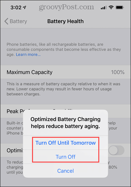 Izslēdziet optimizētas akumulatora uzlādes iespējas iPhone