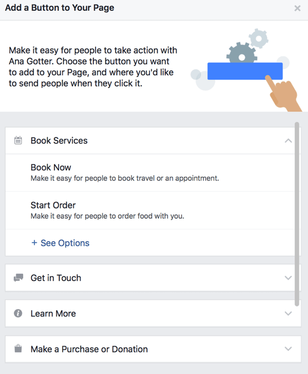 Savai Facebook lapai varat izvēlēties no liela skaita AUD pogu.