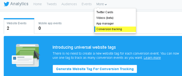 Twitter ļauj jūsu vietnei pievienot kodu reklāmguvumu uzskaitei un pielāgotu mērķauditoriju izveidei.