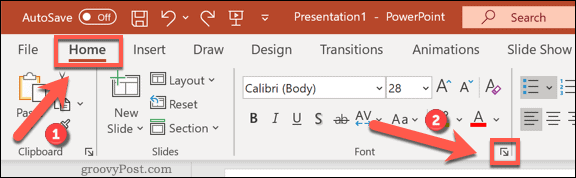 Piekļuve izvēlnes Fonti opcijām programmā PowerPoint sistēmā Windows