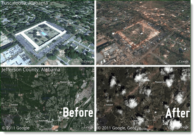 Skatiet sadaļu Pēc neseno Alabamas viesuļvētru ietekmes, izmantojot Google Earth Picasa