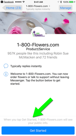 Nosūtot ziņojumu vietnei 1-800-Flowers.com, izmantojot viņu Facebook lapu, lietotājiem ir viegli kļūt par klientiem.