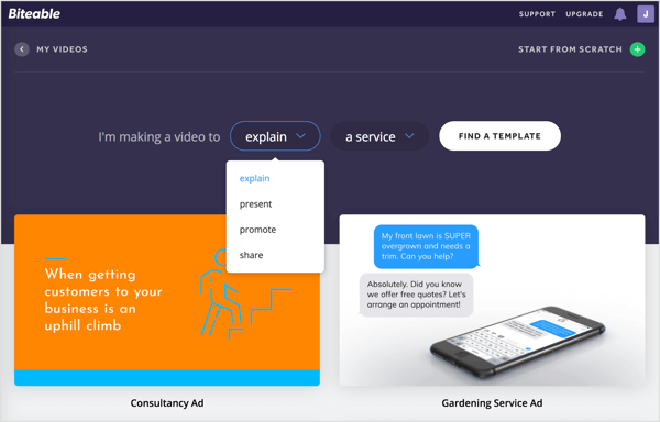 Atlasiet, kāda veida videoklipu veidojat vietnē Biteable, un norādiet, kādam nolūkam