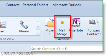 Outlook 2010 ekrānuzņēmums — noklikšķiniet uz pasta sapludināšanas