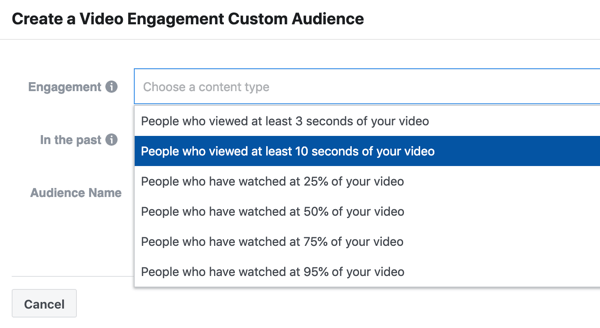 Kā reklamēt savu tiešraides notikumu Facebook, 9. solis, izveidojiet video iesaistes kampaņu cilvēkiem, kuri skatījās vismaz 10 sekundes jūsu videoklipa