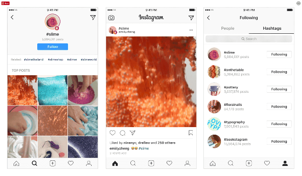 Lai platformā ziņas un citi lietotāji būtu vēl pamanāmāki, Instagram ieviesa hashtagus, kuriem lietotāji var sekot un atklāt populārākās ziņas un jaunākos stāstus. 
