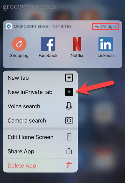 Operētājsistēmas iOS ikonā Edge atlasiet Jauna cilne InPrivate