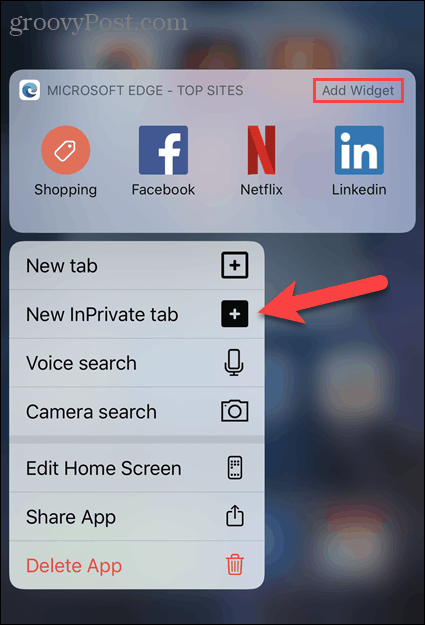 IOS operētājsistēmas ikonā Edge atlasiet jaunu cilni InPrivate