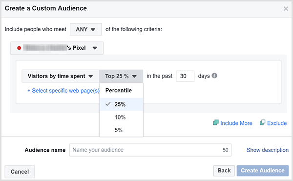 Dialoglodziņā Facebook Izveidot pielāgotu auditoriju ir iespējas reklāmas mērķēt uz klientiem, kuri jūsu vietnē pavadīja visvairāk laika.
