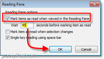 Office Outlook 2010 lasīšanas rūts opcijās noklikšķiniet uz atzīmēt vienumus kā lasītus, skatot tos lasīšanas rūtī, un pēc tam ievadiet laika posms, kuru vēlaties nogaidīt, pirms vienumus atzīmē kā lasītus, tas ir, cik ilgs laiks jums nepieciešams, lai parasti lasītu vienumus e-pasts