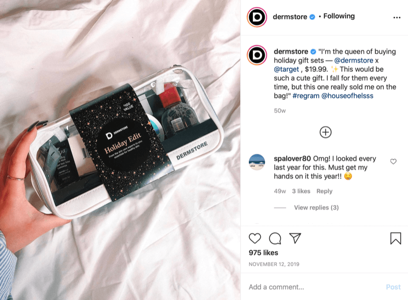 sezonas dāvanas @dermstore piemērs, kas atrasts un kopīgots, izmantojot Instagram pastu, atzīmējot pārdošanas cenu un atzīmējot @target, kur notiek pārdošana
