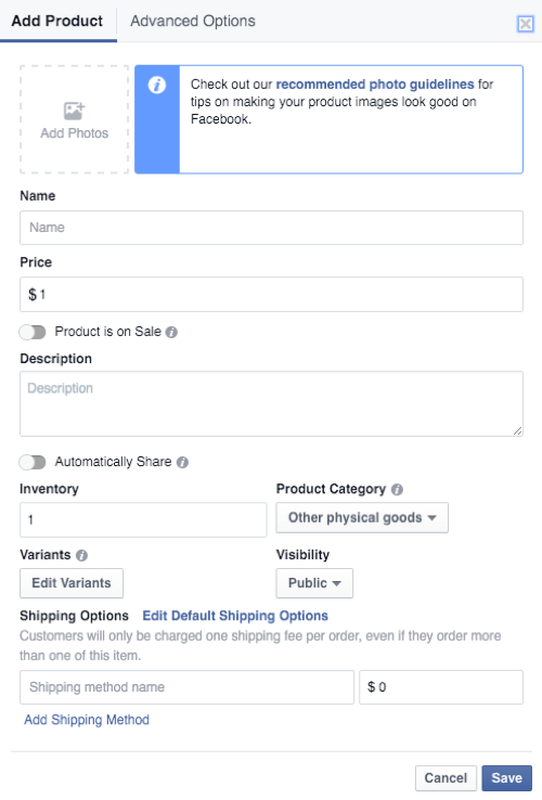 facebook veikala produkta informācija