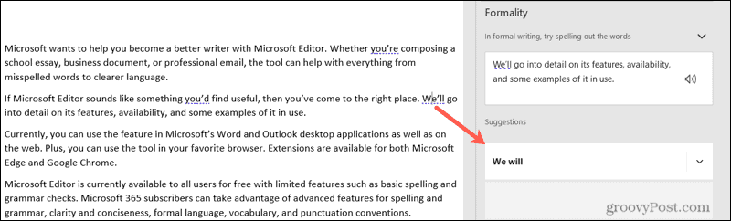 Microsoft redaktora ieteikums