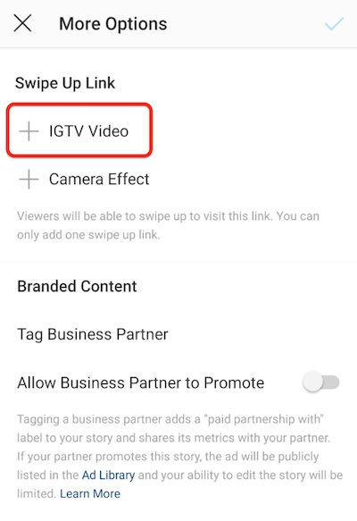 instagram izvēlnes opcijas, lai pievienotu vilkšanas saiti uz augšu ar IGTV video opciju izcelšanu