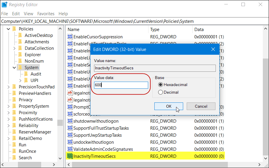 InactivityTimeoutSecs reģistra Windows 10 mājas versija
