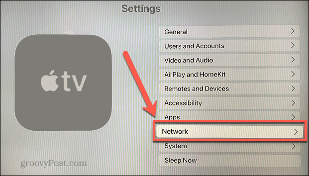Apple TV tīkla izvēlne
