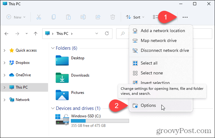 Programmā File Explorer atveriet opcijas