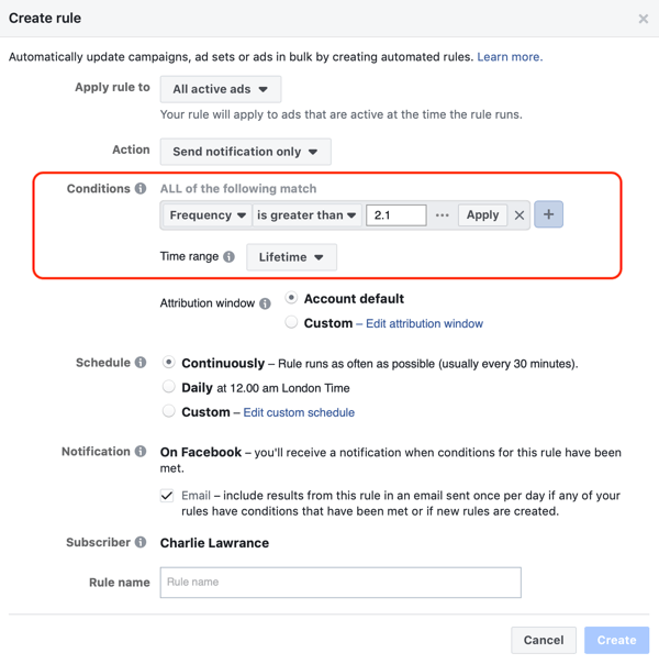 Izmantojiet Facebook automatizētos noteikumus, paziņojumu, kad reklāmas biežums pārsniedz 2.1, 2. darbību, nosacījumu iestatījumus