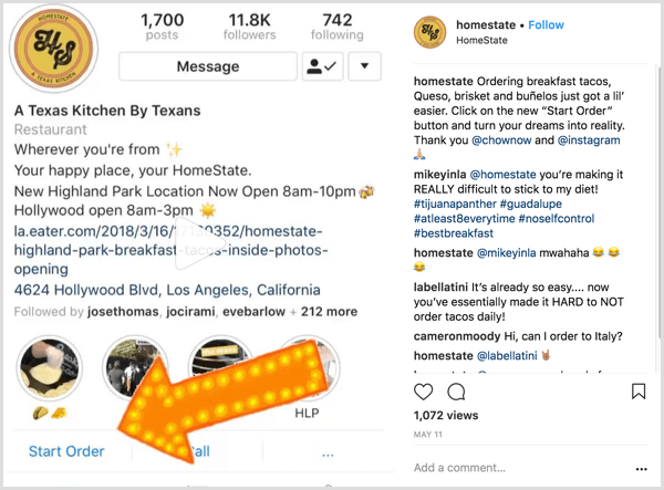 uzņēmuma Instagram ziņu piemērs, kas lietotājiem parāda, kā izmantot darbību Sākt pasūtījumu