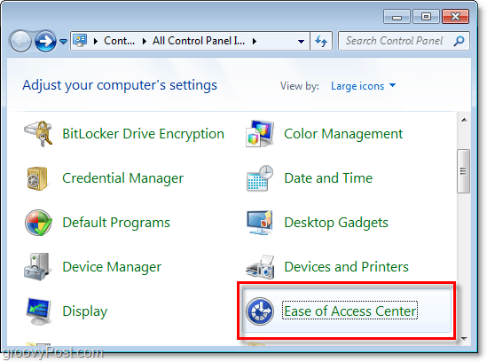 Izmantojot Windows 7 vadības paneli, dodieties uz piekļuves vienkāršības centru