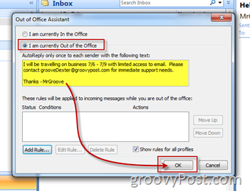 Iespējot Microsoft Outlook ārpus biroja palīga automātiskās atbildes iespējošanu