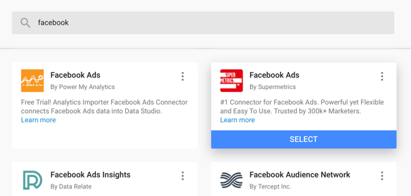 Izmantojiet Google Data Studio, lai analizētu savas Facebook reklāmas, 4. darbība. Opcija izmantot Facebook Ads savienotāju no Supermetrics kā datu avotu