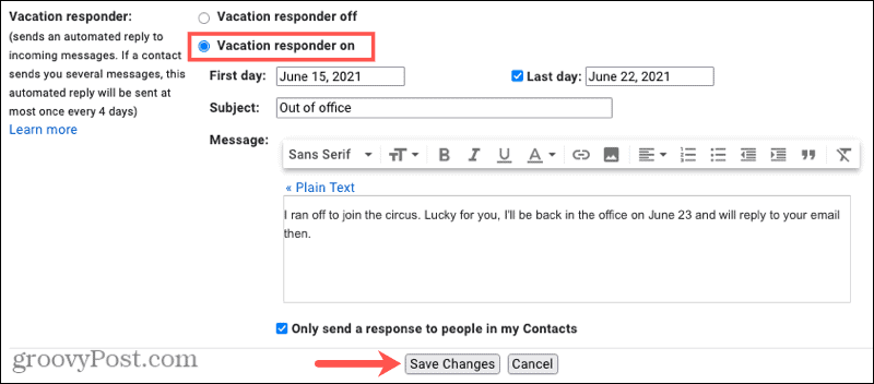 Gmail tiešsaistē nav biroja brīvdienu atbildētāja 