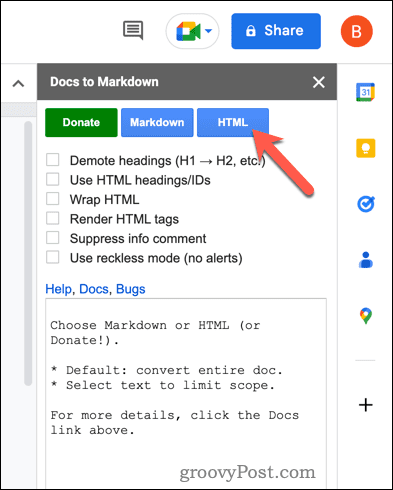 Konvertējiet uz HTML, izmantojot Google dokumentu dokumentus uz Markdown