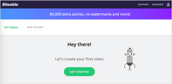 Noklikšķiniet uz Sākt, lai izveidotu jaunu Biteable video.