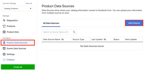 Izmantojiet Facebook notikumu iestatīšanas rīka 22. darbības izvēlnes iespēju, lai pievienotu produktus, izmantojot Facebook cilni produkta datu avoti