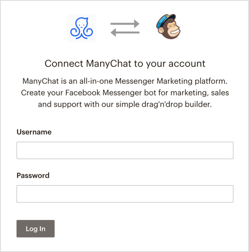 Pierakstieties savā MailChimp kontā, izmantojot ManyChat.