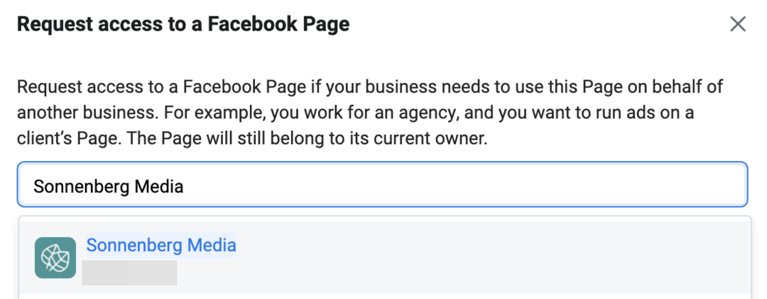 attēls Pieprasīt piekļuvi Facebook lapas ekrānam pakalpojumā Meta Business Manager