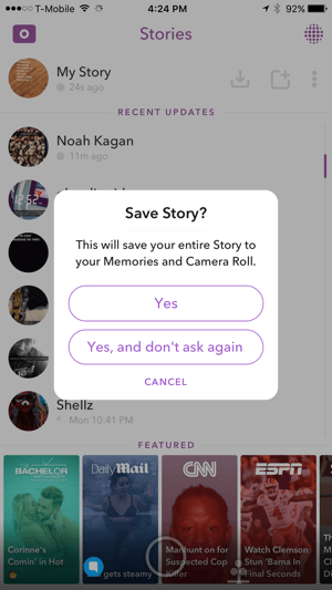 Pieskarieties Jā, lai saglabātu savu Snapchat stāstu.