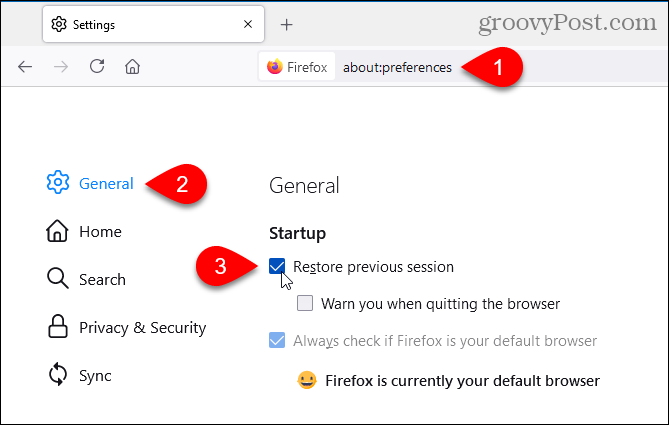 Pārlūkprogrammā Firefox atlasiet Atjaunot iepriekšējo sesiju