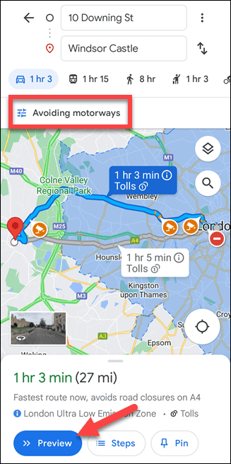 Google Maps mobilais maršruts bez lielceļiem