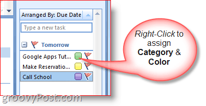 Outlook 2007 uzdevumu josla - ar peles labo pogu noklikšķiniet uz Uzdevums, lai atlasītu krāsas un kategoriju