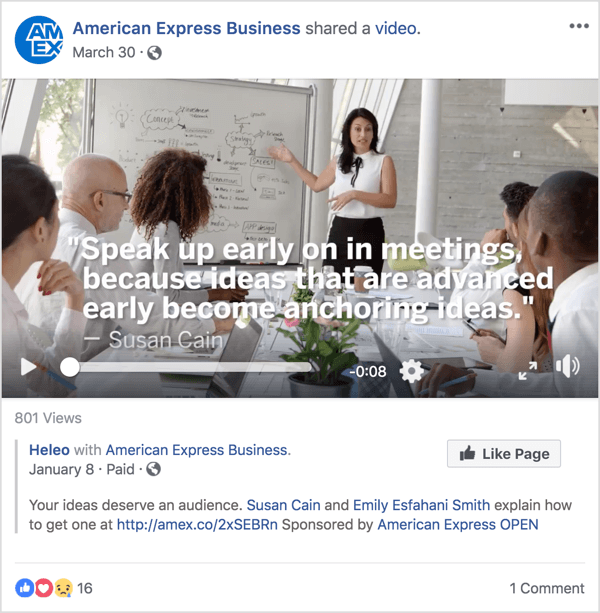 Šajā Facebook American Express biznesa reklāmā ir Sjūzena Keina, pazīstama vadības un vadības eksperte, kura slavu ieguva ar neseno TED Talk.