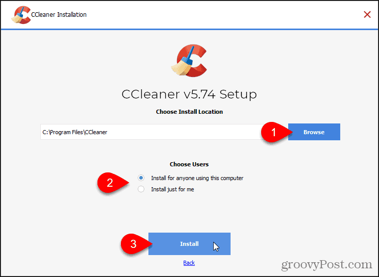 Noklikšķiniet uz Instalēt, lai instalētu CCleaner